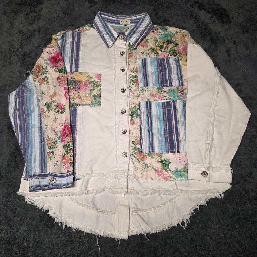 POL Denim Jacket Womens M Patchwork Oversized White Floral Cottagecore Boho